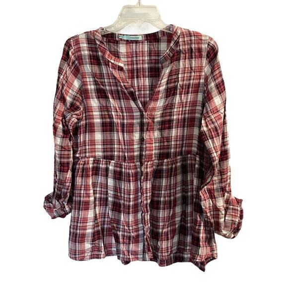 Maurices Women’s Button front Plaid Shirt Sz M Colorless Tunic Blouse - Picture 1 of 9